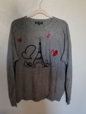 Women’s Gray Eiffel Tower Heart Sweater with Red Sequin Accents